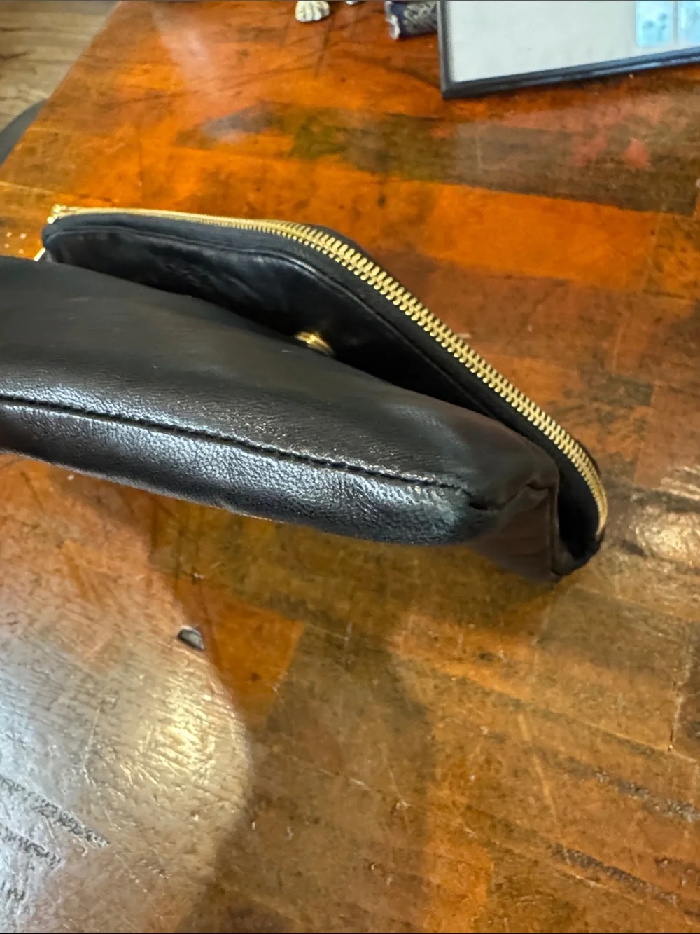 henri bendel Black Leather Fold-Over Clutch with Gold Chain